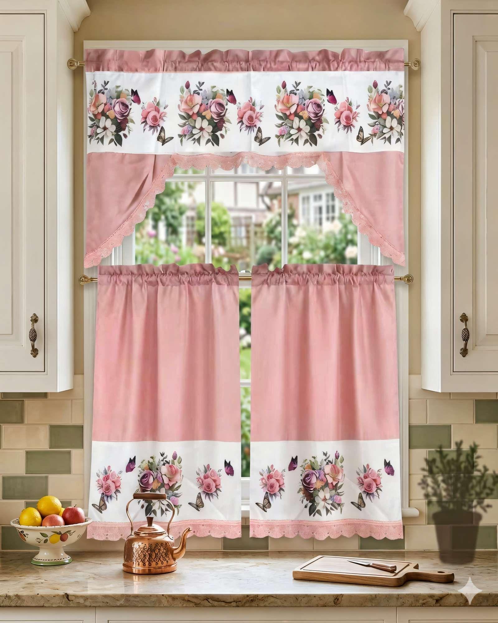 PACK DE CORTINA 3 PIEZAS PARA COCINA CON DISEÑO COLOR ROSADO-3