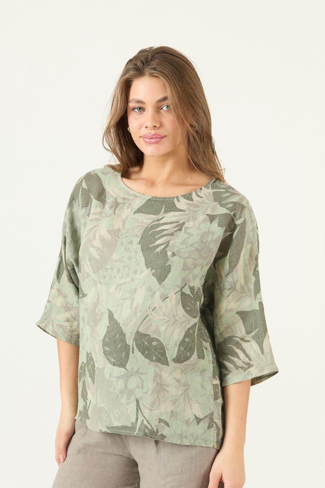 Blusa De Lino Estampada Verde Cod 4517765-3