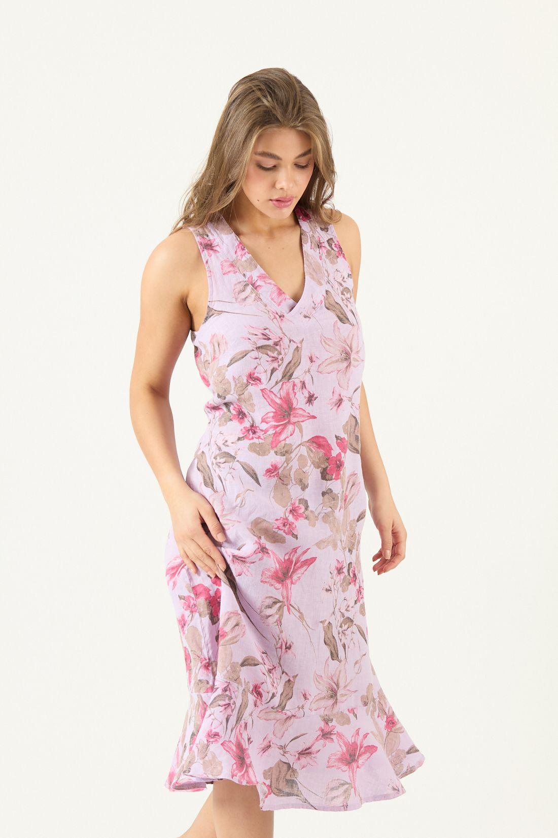 Vestido De Lino Estampado Lila Cod 4005785-0