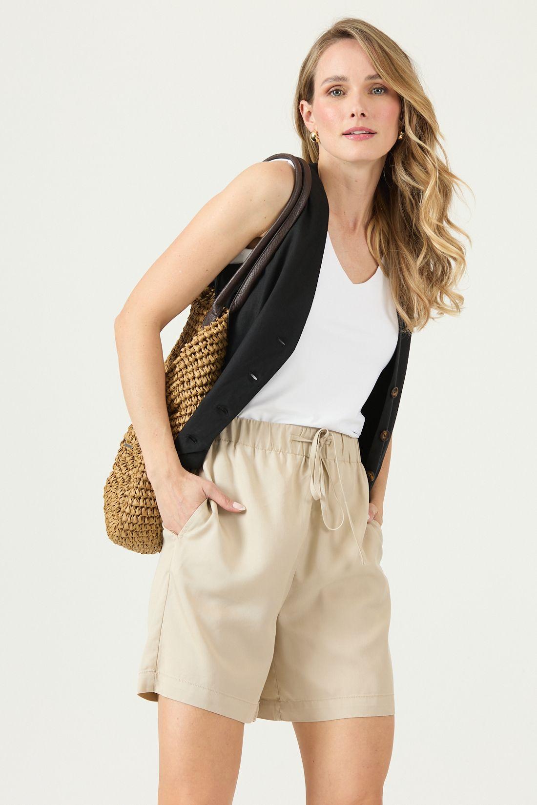 Shorts De Lyocell Straight Beige Cod 2100385-0