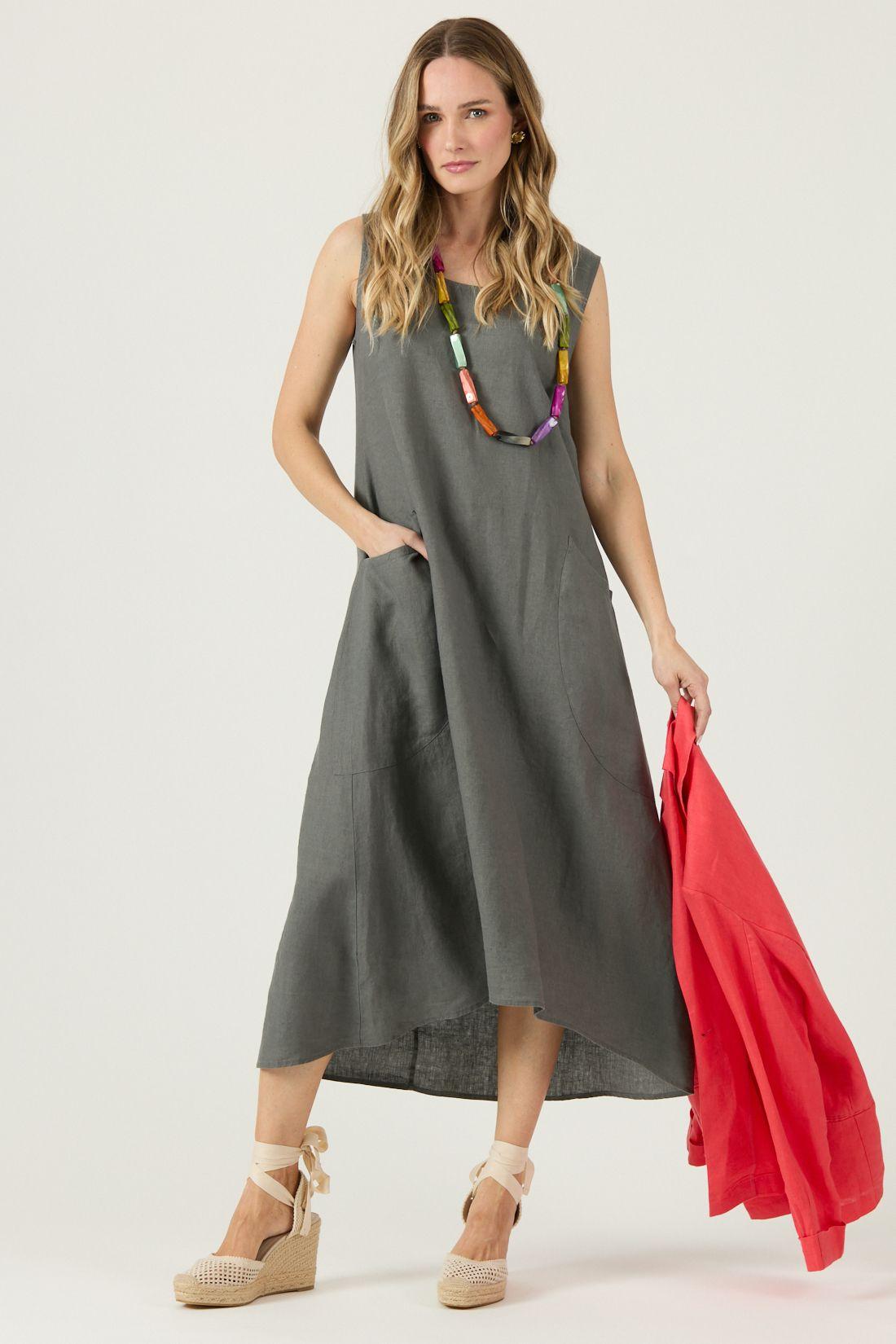 Vestido De Lino Gris Cod 4005335-0
