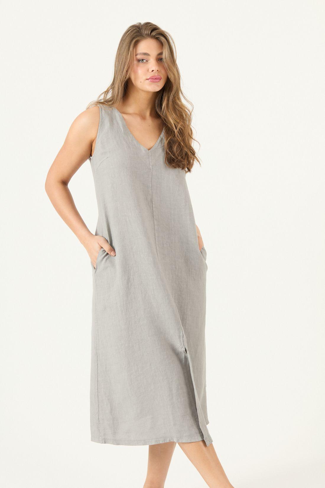 Vestido De Lino Gris Cod 4005825-1