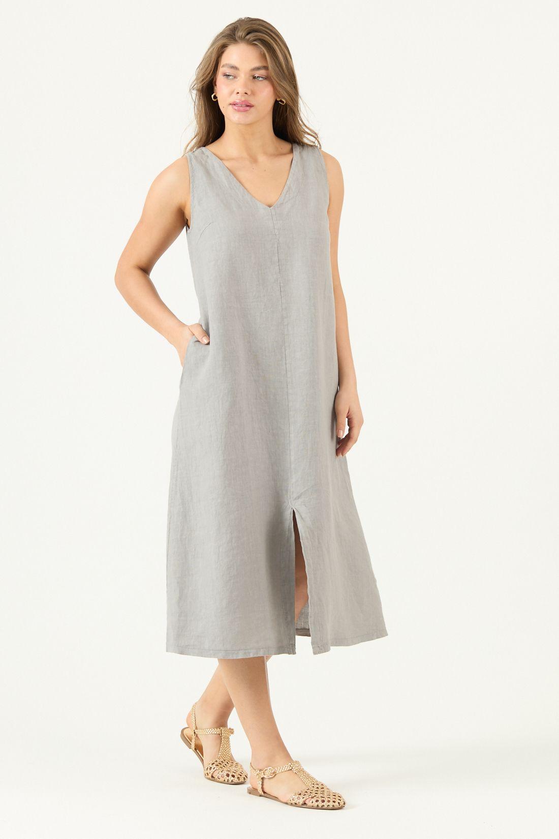 Vestido De Lino Gris Cod 4005825-3