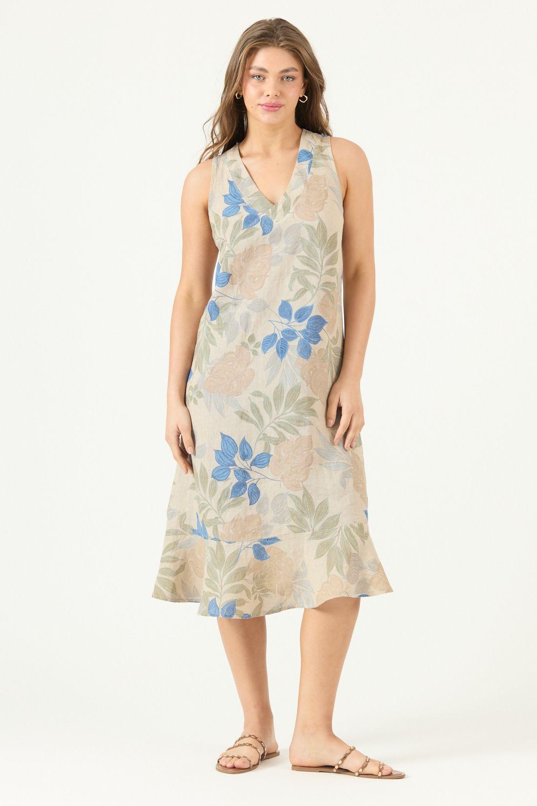 Vestido De Lino Estampado Azul Cod 4005785-2