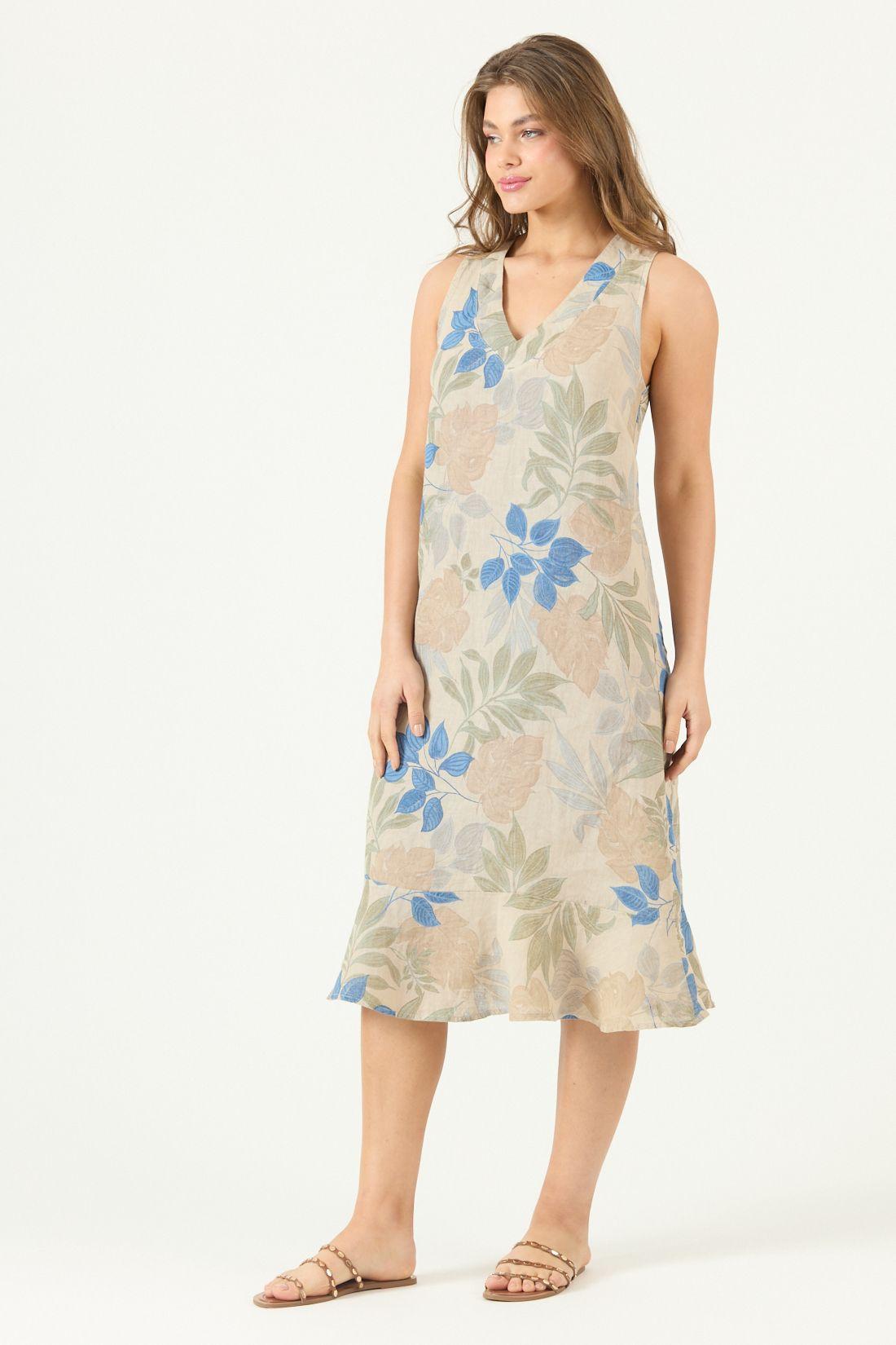 Vestido De Lino Estampado Azul Cod 4005785-3
