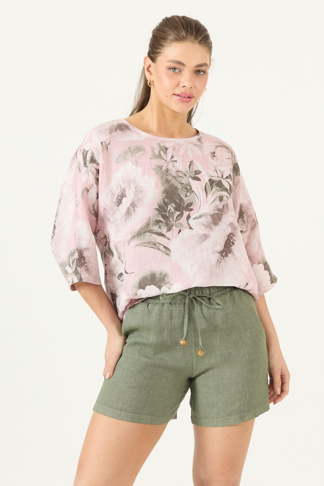 Blusa De Lino Estampada Rosa Cod 4517765-0