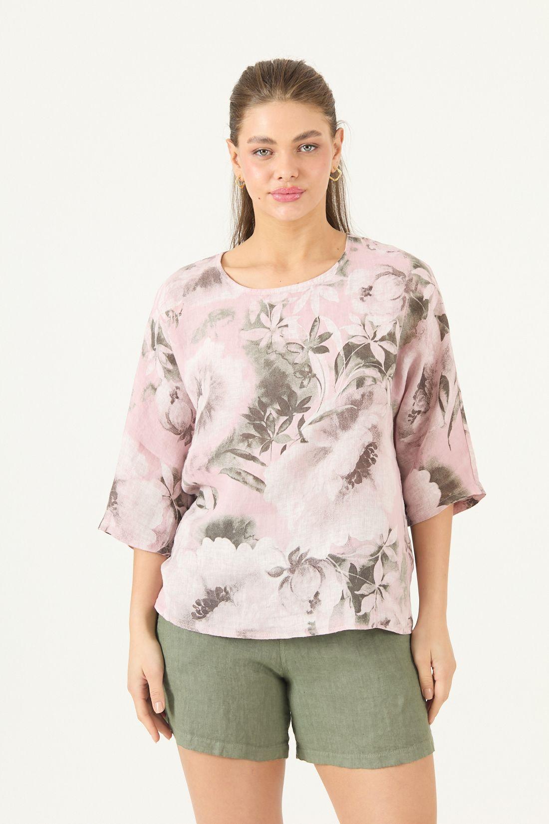Blusa De Lino Estampada Rosa Cod 4517765-2