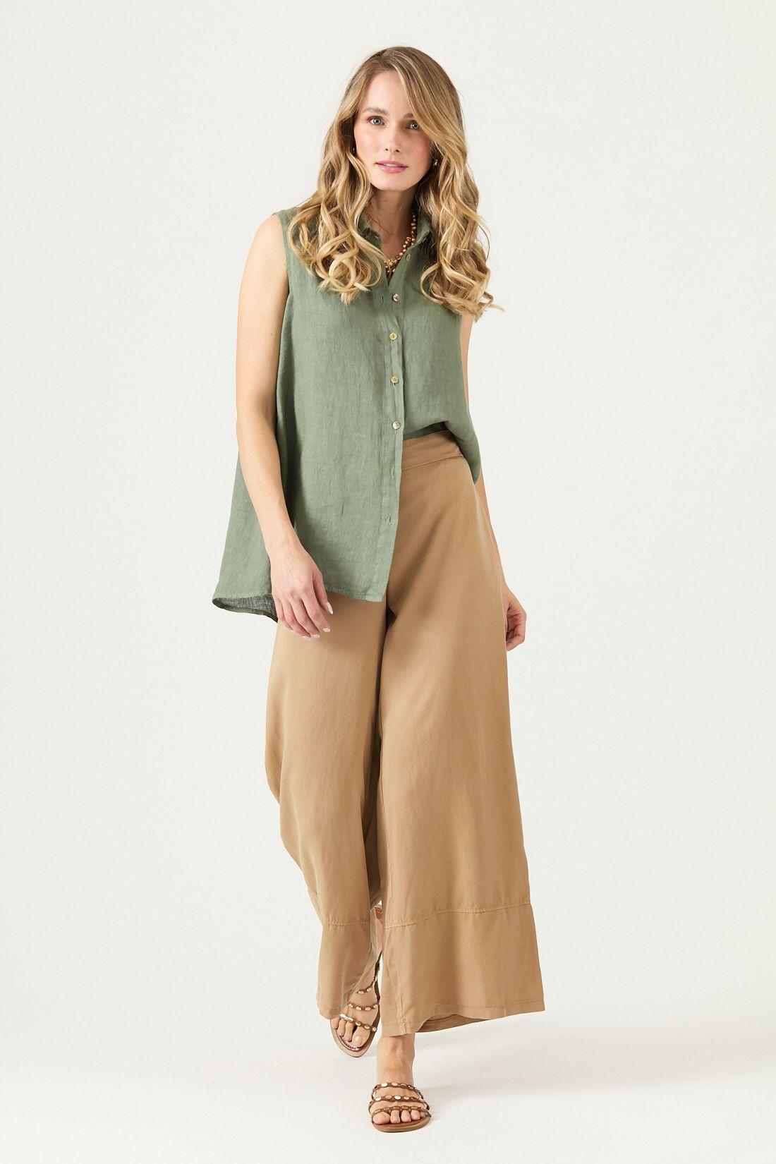 Blusa De Lino Verde Militar Cod 4517915-0