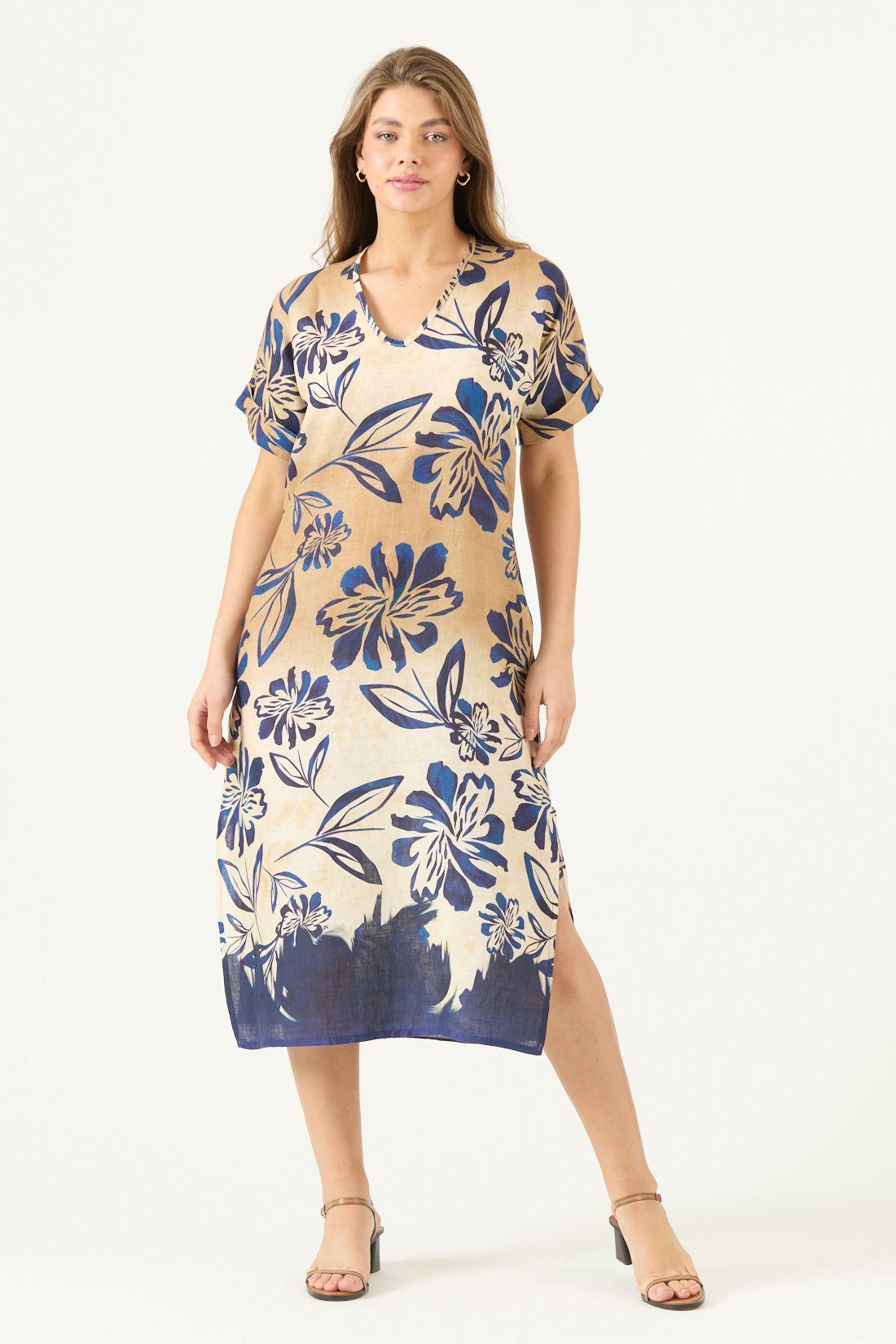 Vestido De Lino Estampado Azul Cod 4005485-2