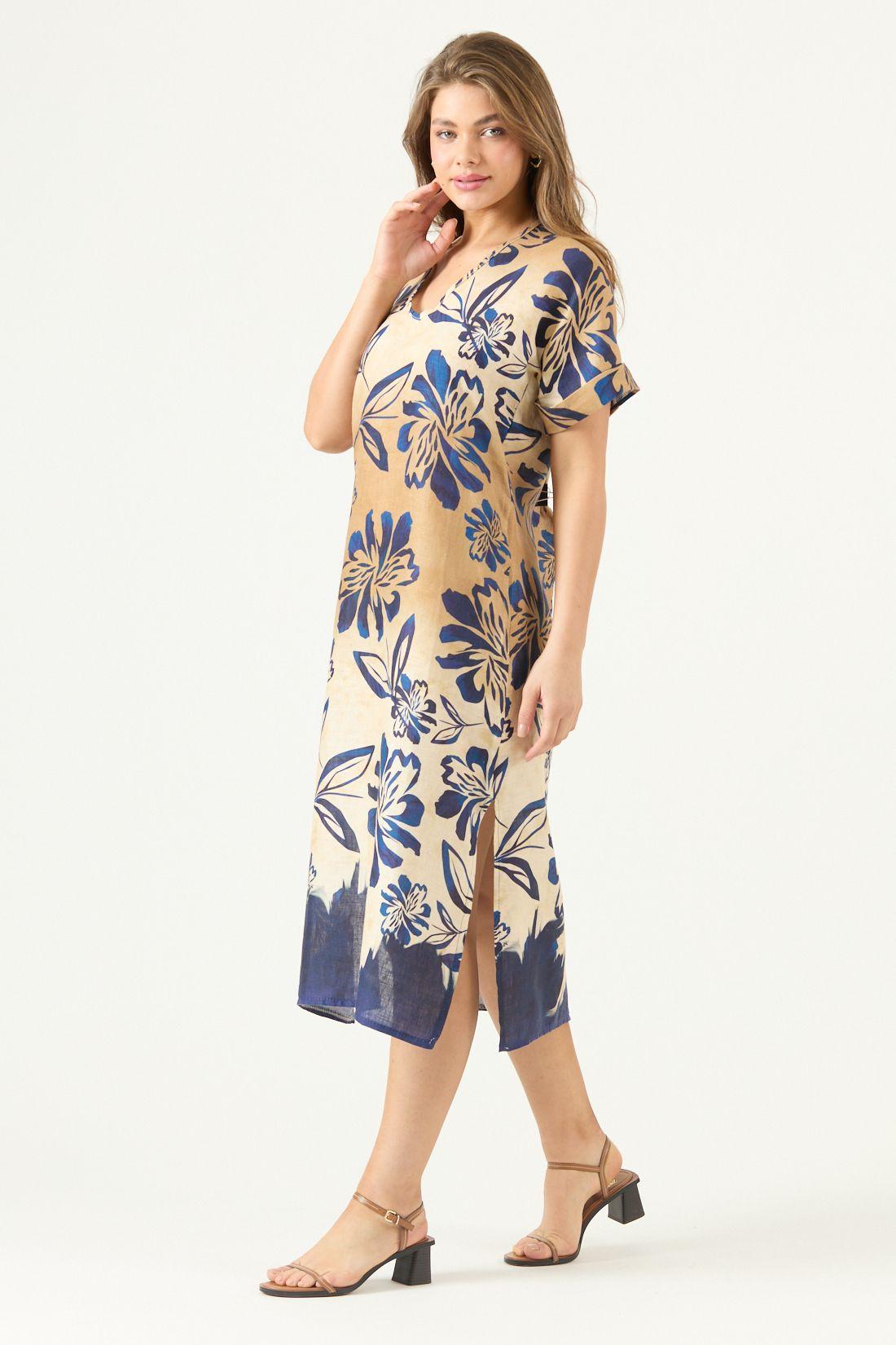 Vestido De Lino Estampado Azul Cod 4005485-3