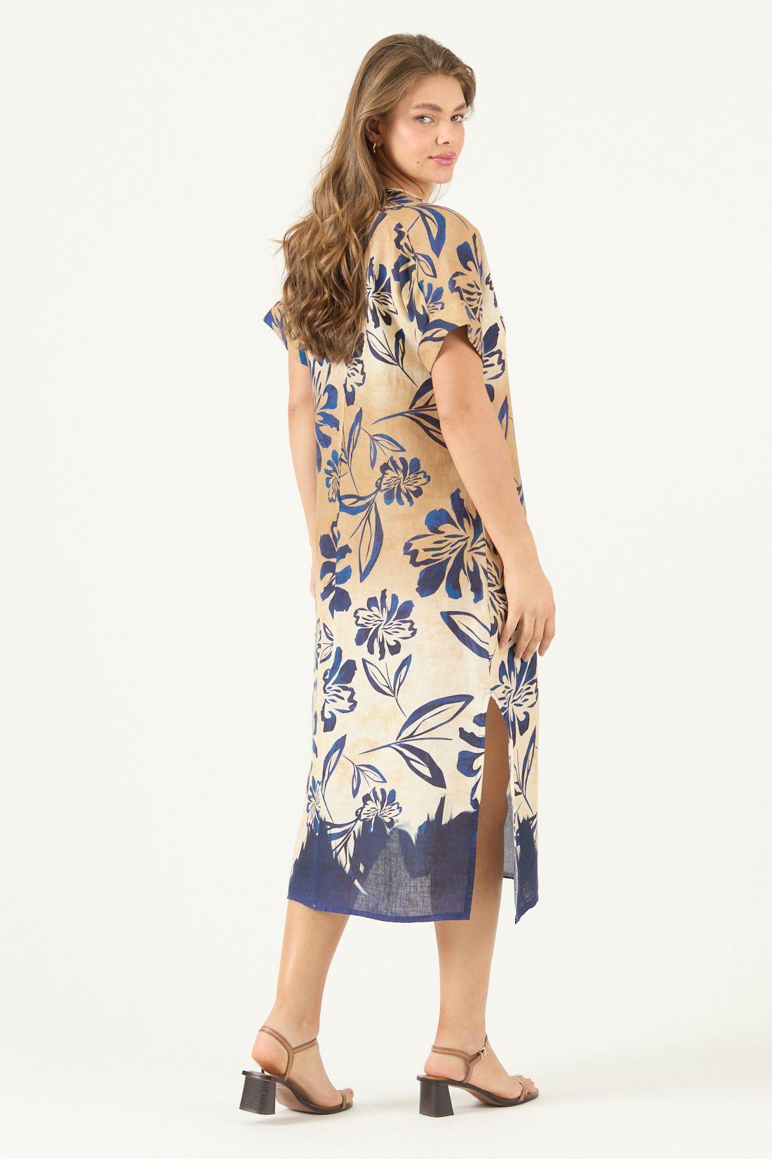 Vestido De Lino Estampado Azul Cod 4005485-4