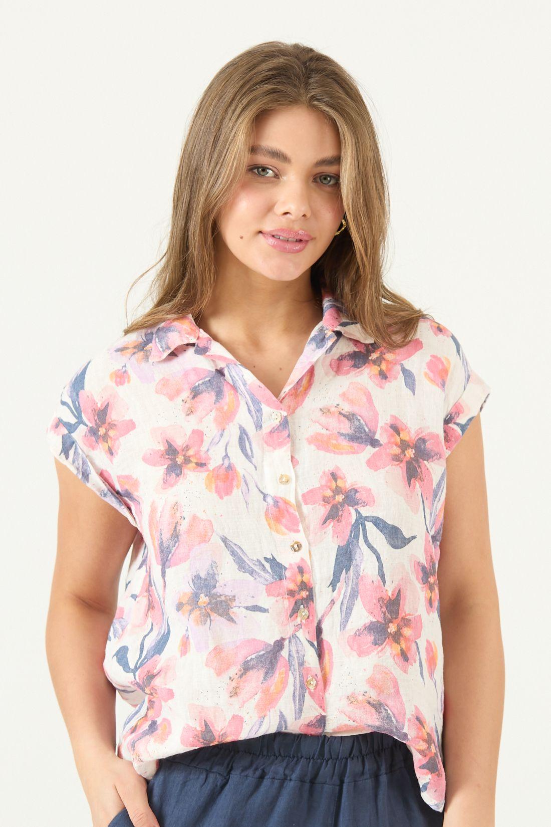 Blusa De Lino Estampada Naranja Cod 4517965-1