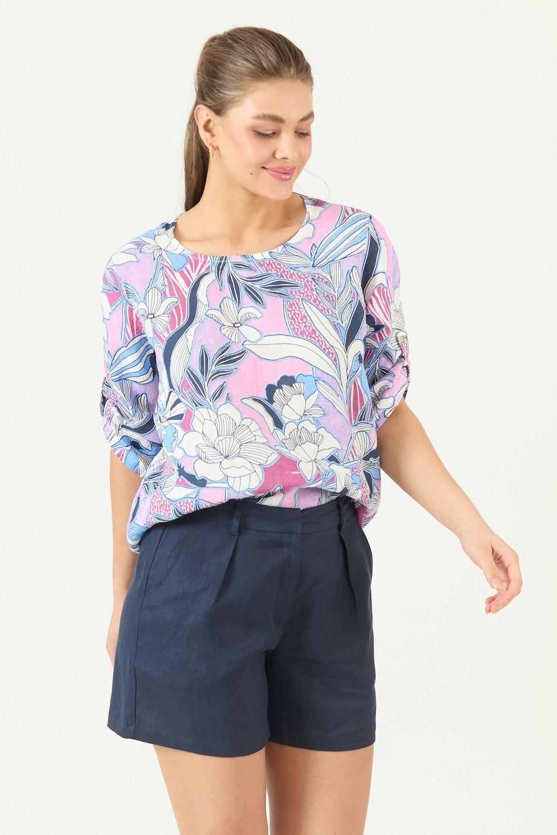 Blusa De Lino Estampada Rosa Cod 4517985-0