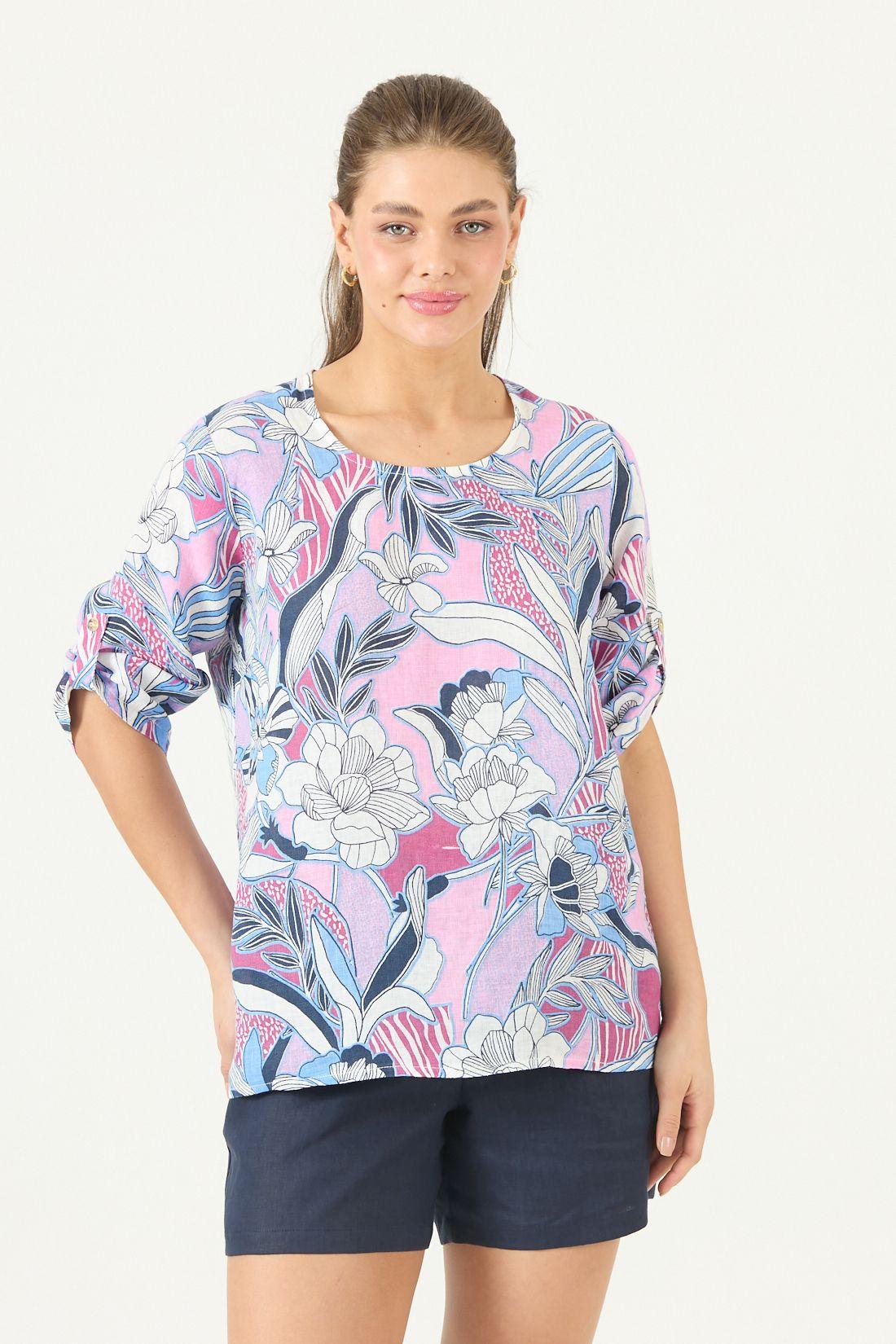 Blusa De Lino Estampada Rosa Cod 4517985-2