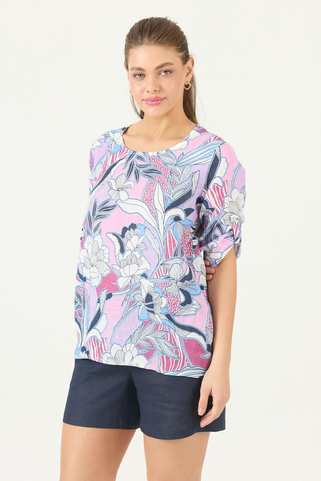 Blusa De Lino Estampada Rosa Cod 4517985-3