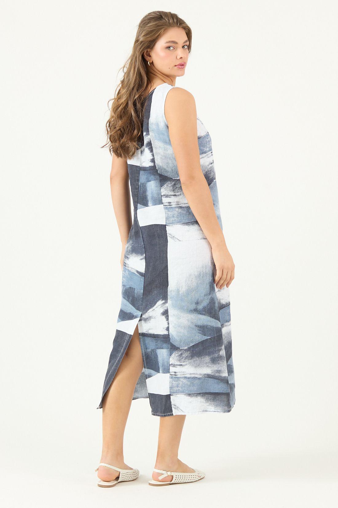 Vestido De Lino Estampado Azul Marino Cod 4005845-4