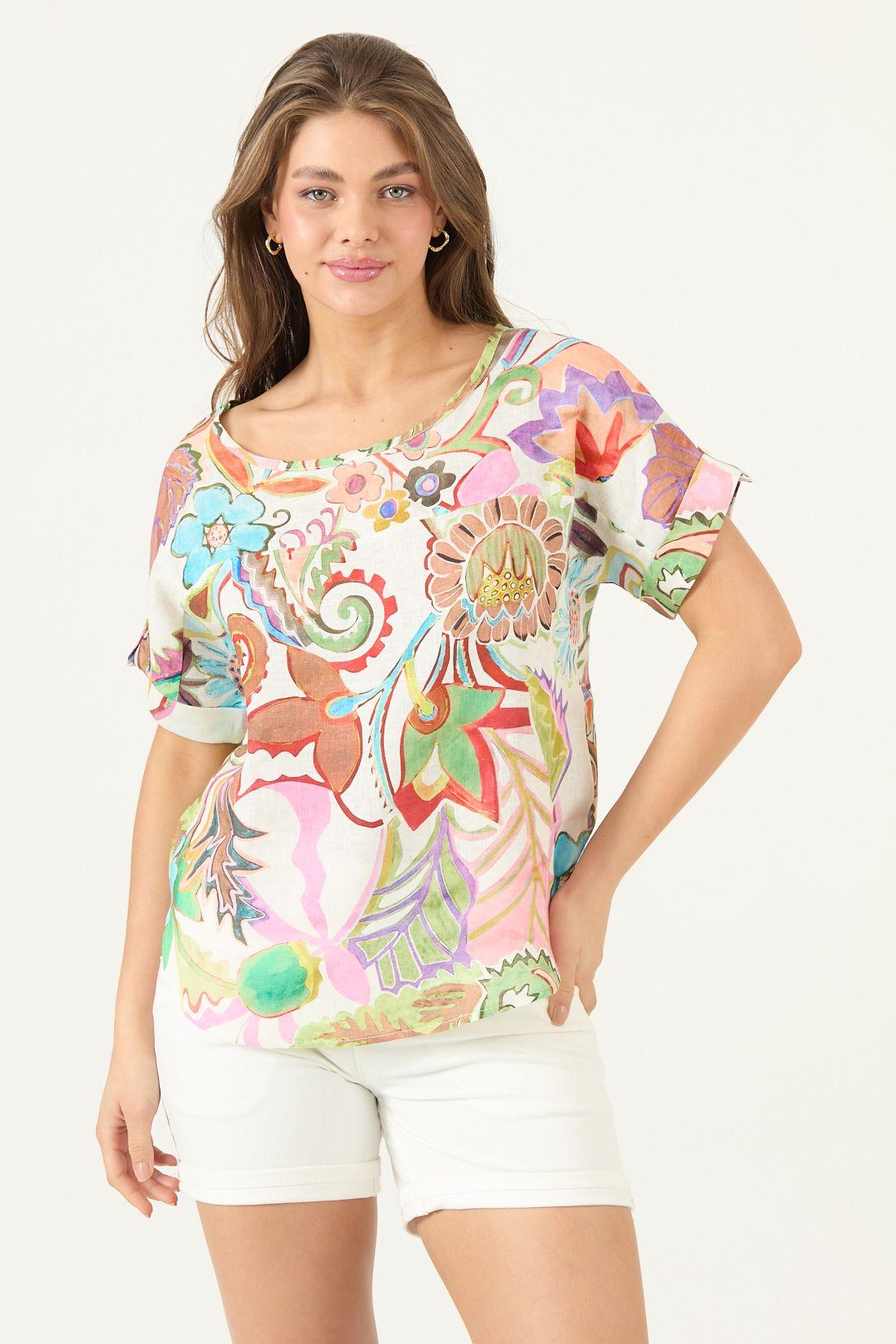 Blusa De Lino Estampada Multicolor Cod 4517615-2