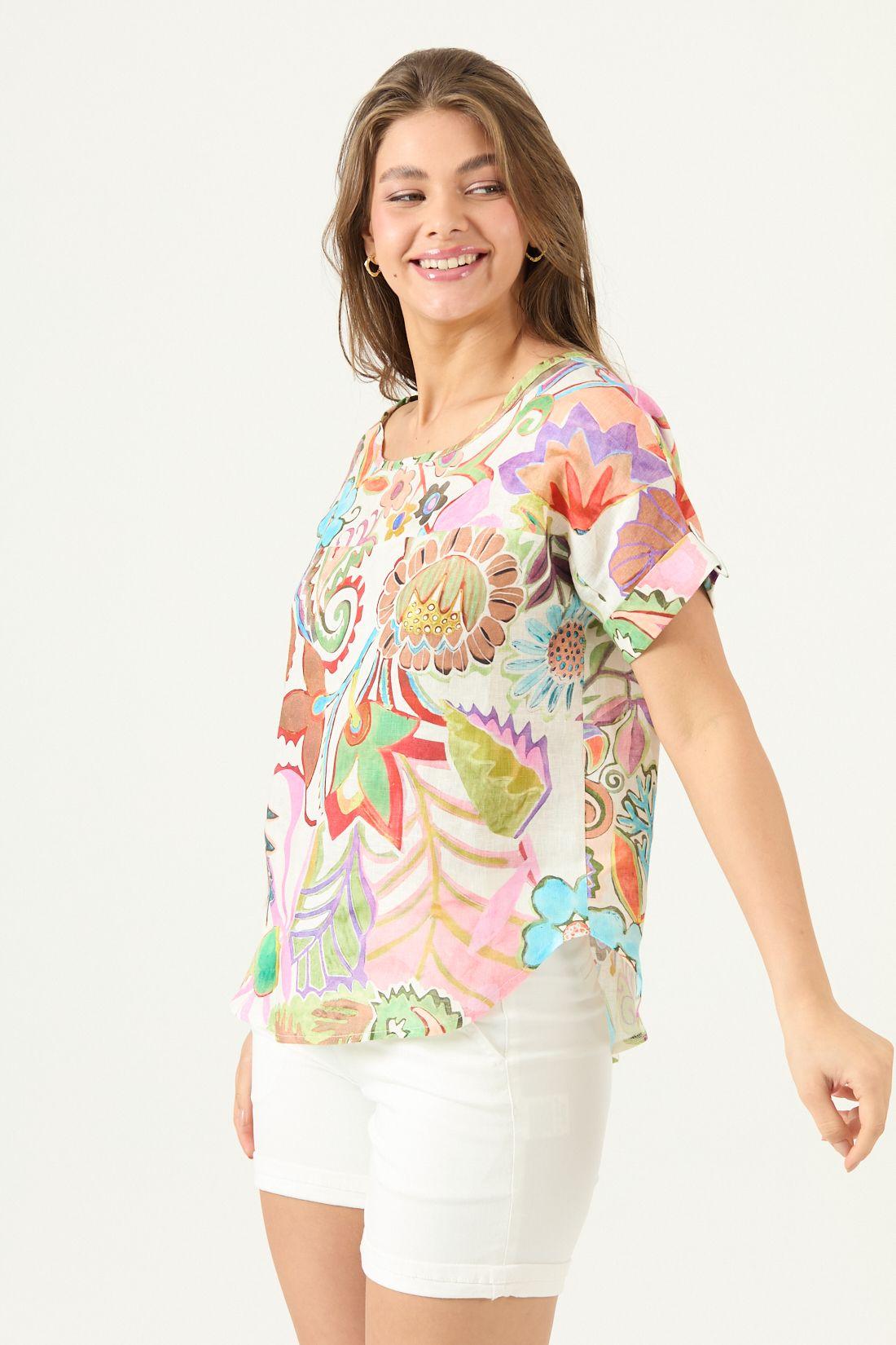 Blusa De Lino Estampada Multicolor Cod 4517615-3