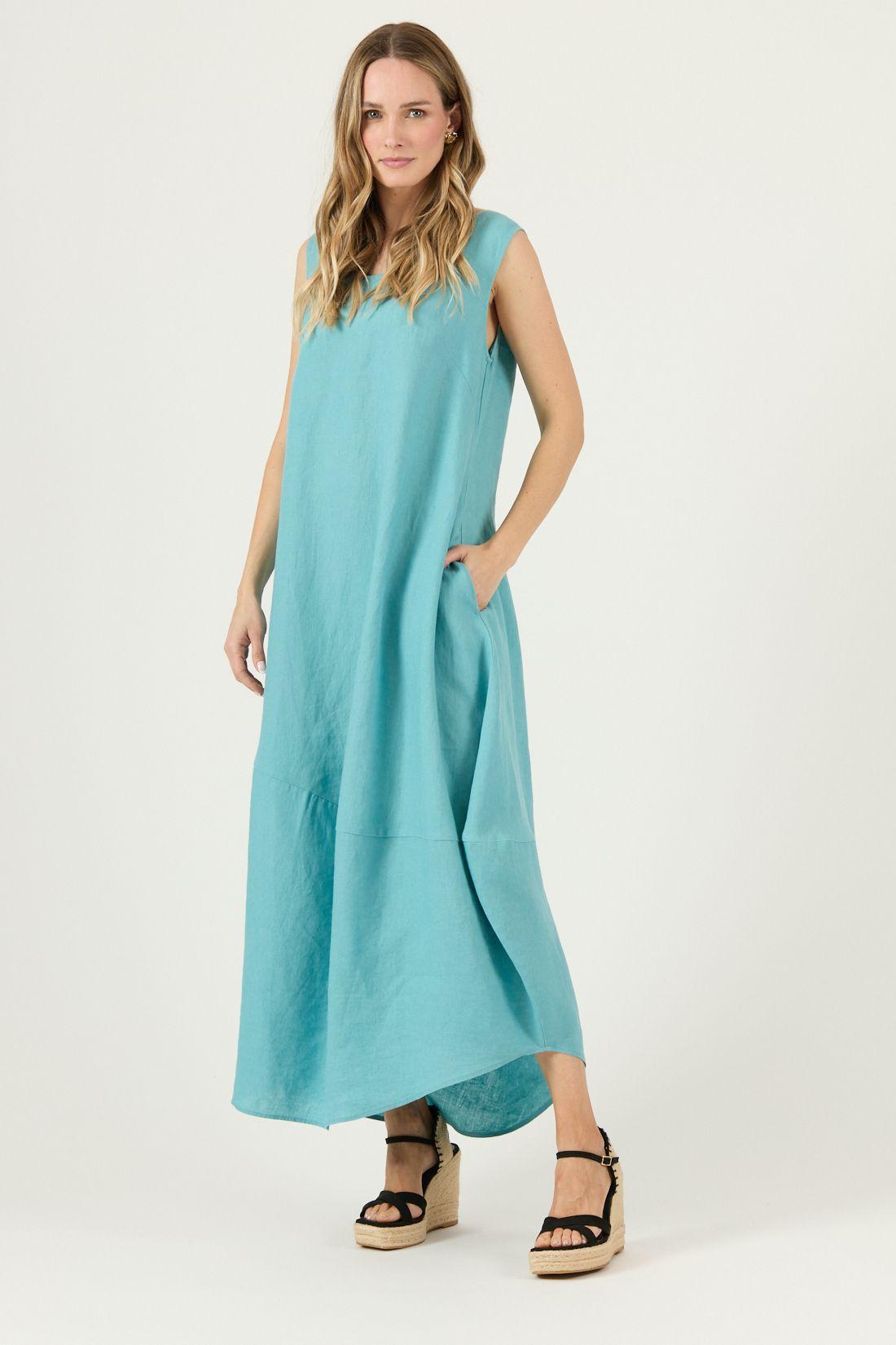 Vestido De Lino Agua Marina Cod 4005355-2
