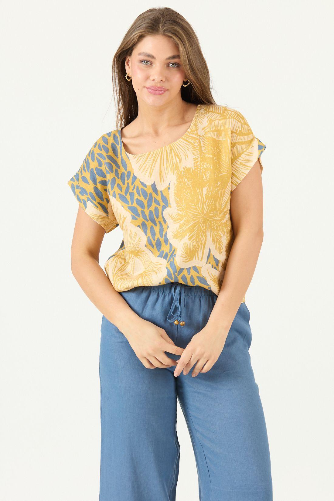 Blusa De Lino Estampada Mostaza Cod 4517415-0