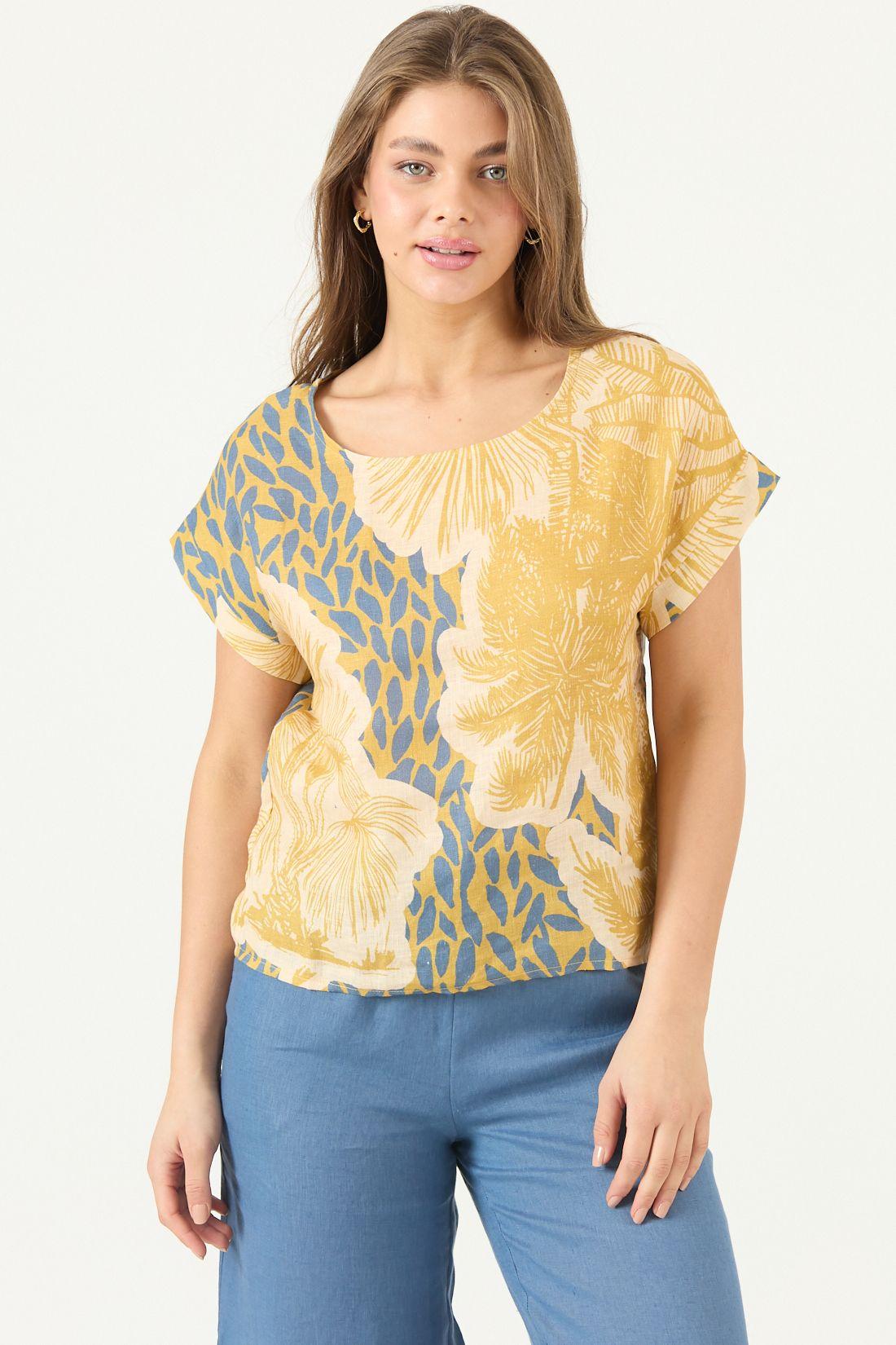 Blusa De Lino Estampada Mostaza Cod 4517415-1
