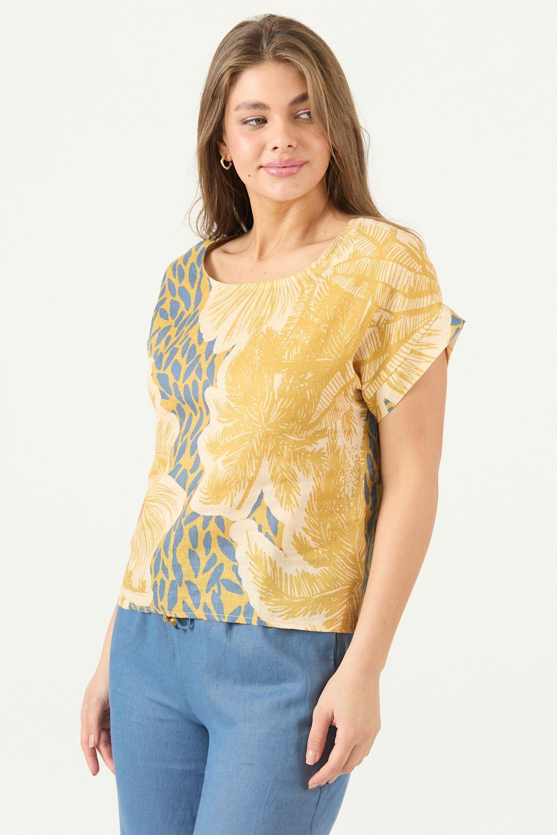Blusa De Lino Estampada Mostaza Cod 4517415-3