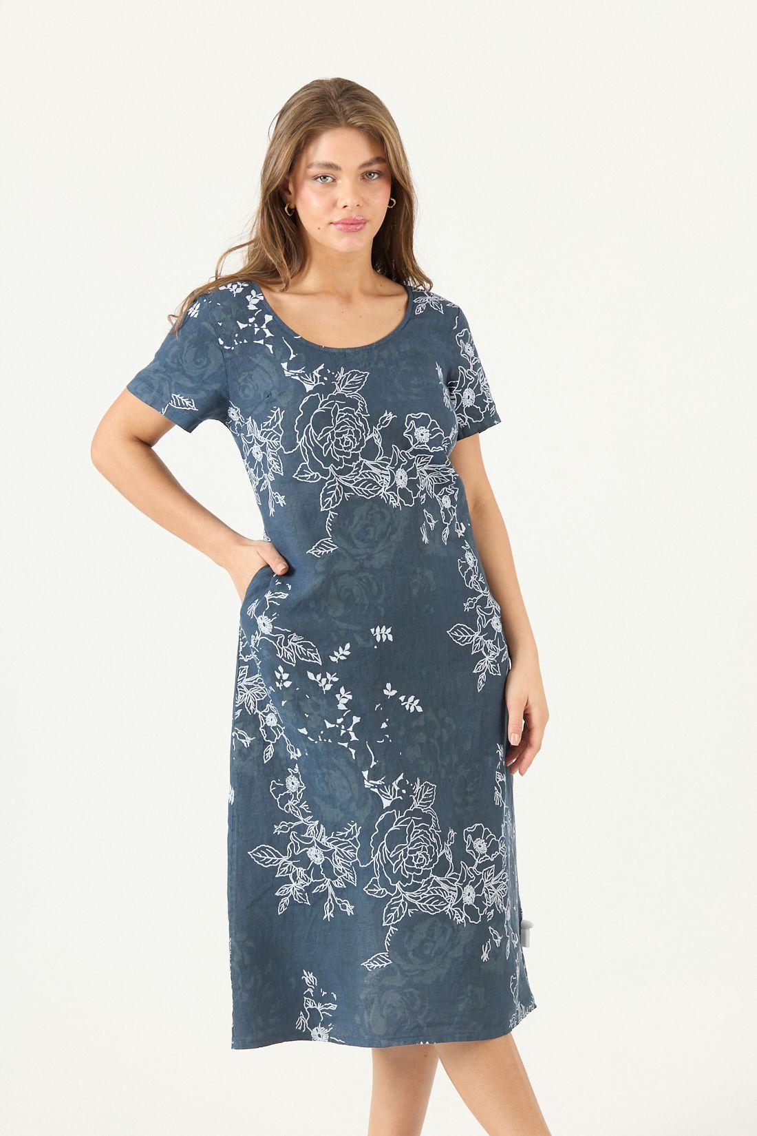 Vestido De Lino Estampado Azul Marino Cod 4005855-0
