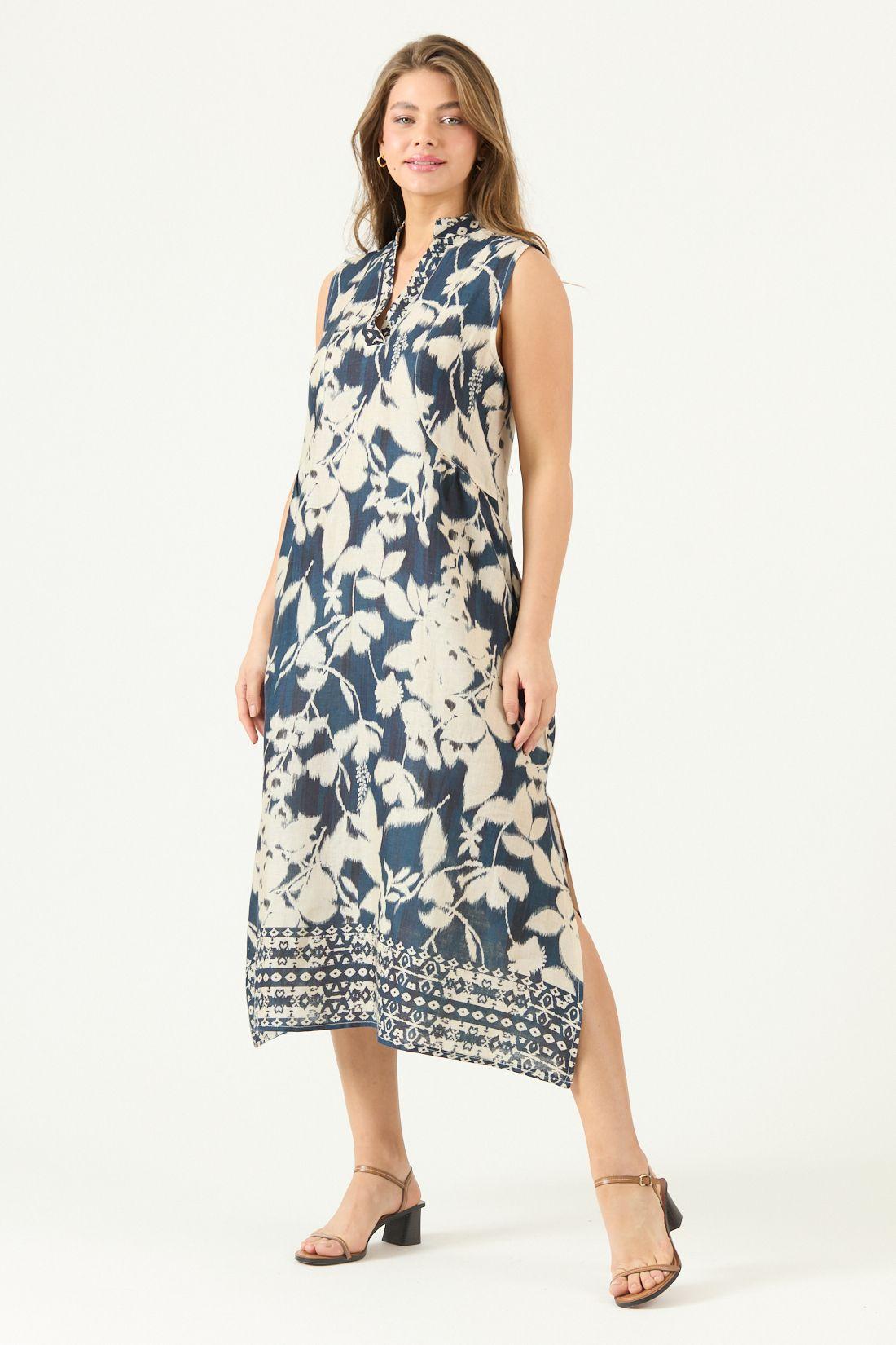 Vestido De Lino Estampado Azul Marino Cod 4005525-2