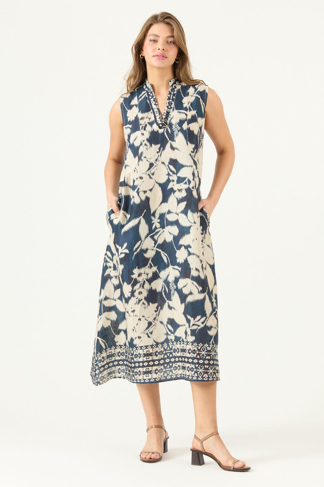 Vestido De Lino Estampado Azul Marino Cod 4005525-3