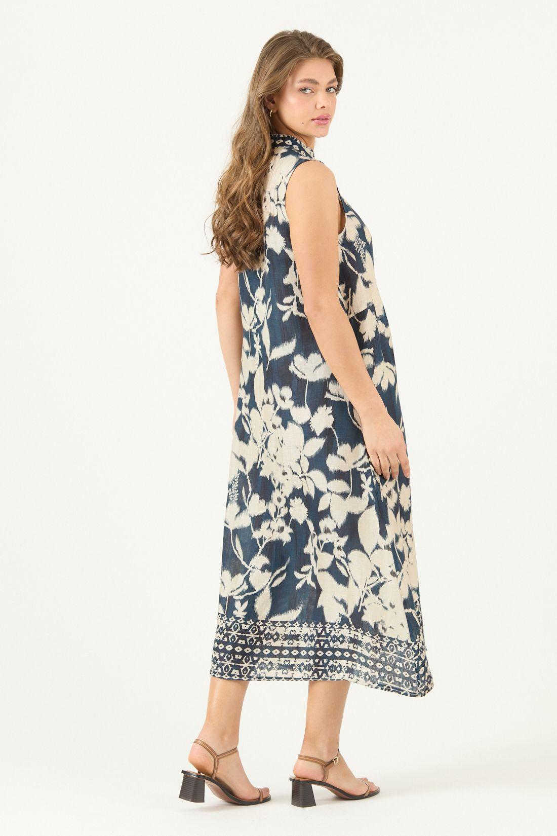 Vestido De Lino Estampado Azul Marino Cod 4005525-4