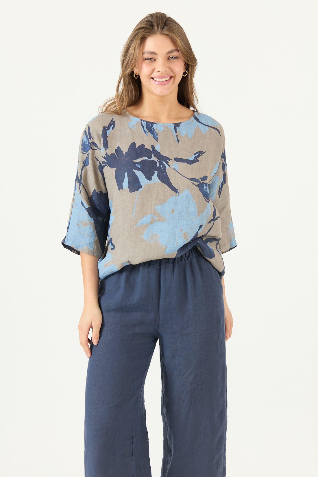 Blusa De Lino Estampada Azul Cod 4517765-0