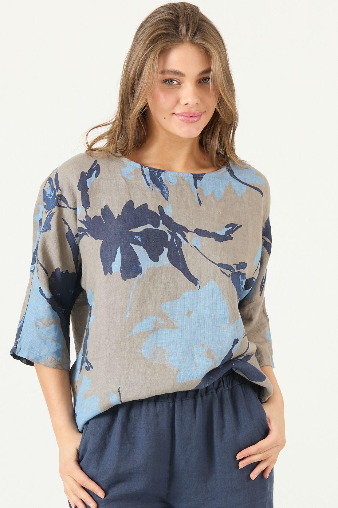Blusa De Lino Estampada Azul Cod 4517765-1