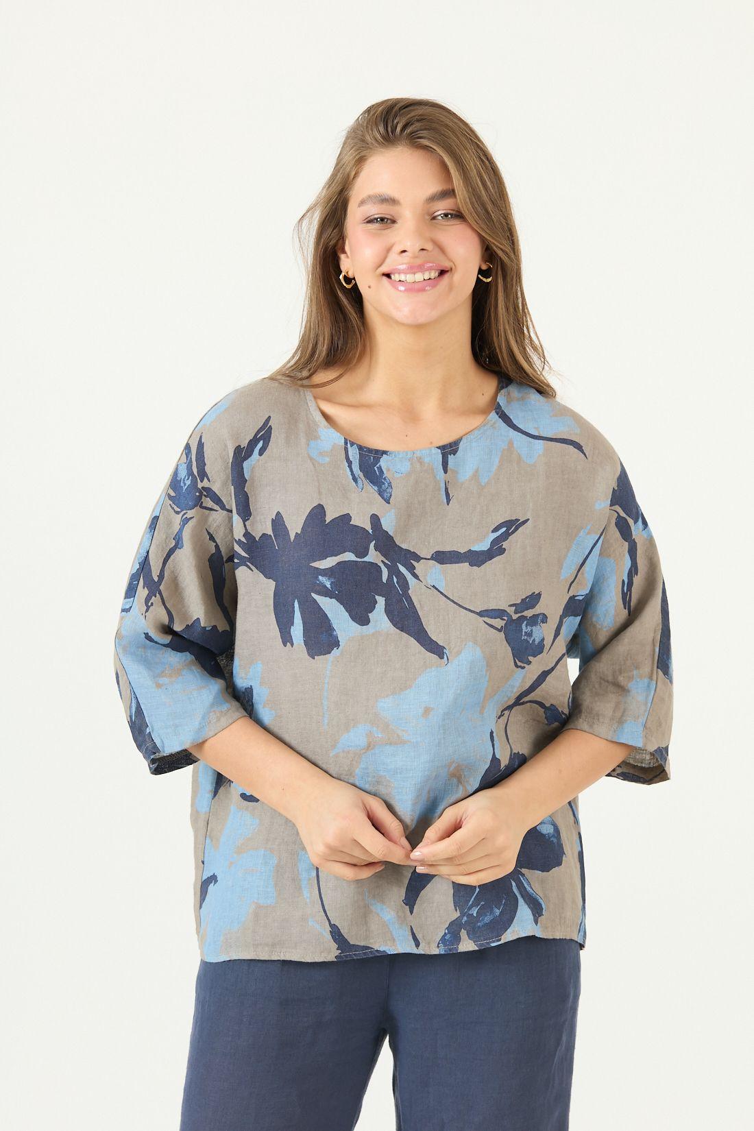 Blusa De Lino Estampada Azul Cod 4517765-2