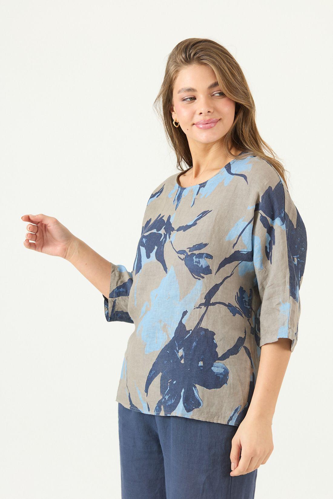 Blusa De Lino Estampada Azul Cod 4517765-3