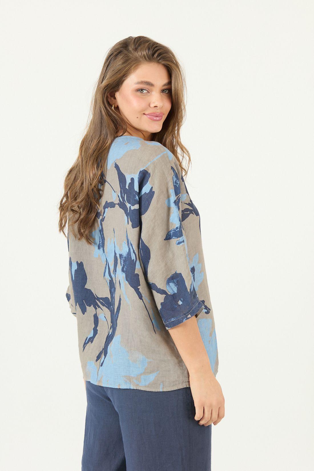 Blusa De Lino Estampada Azul Cod 4517765-4