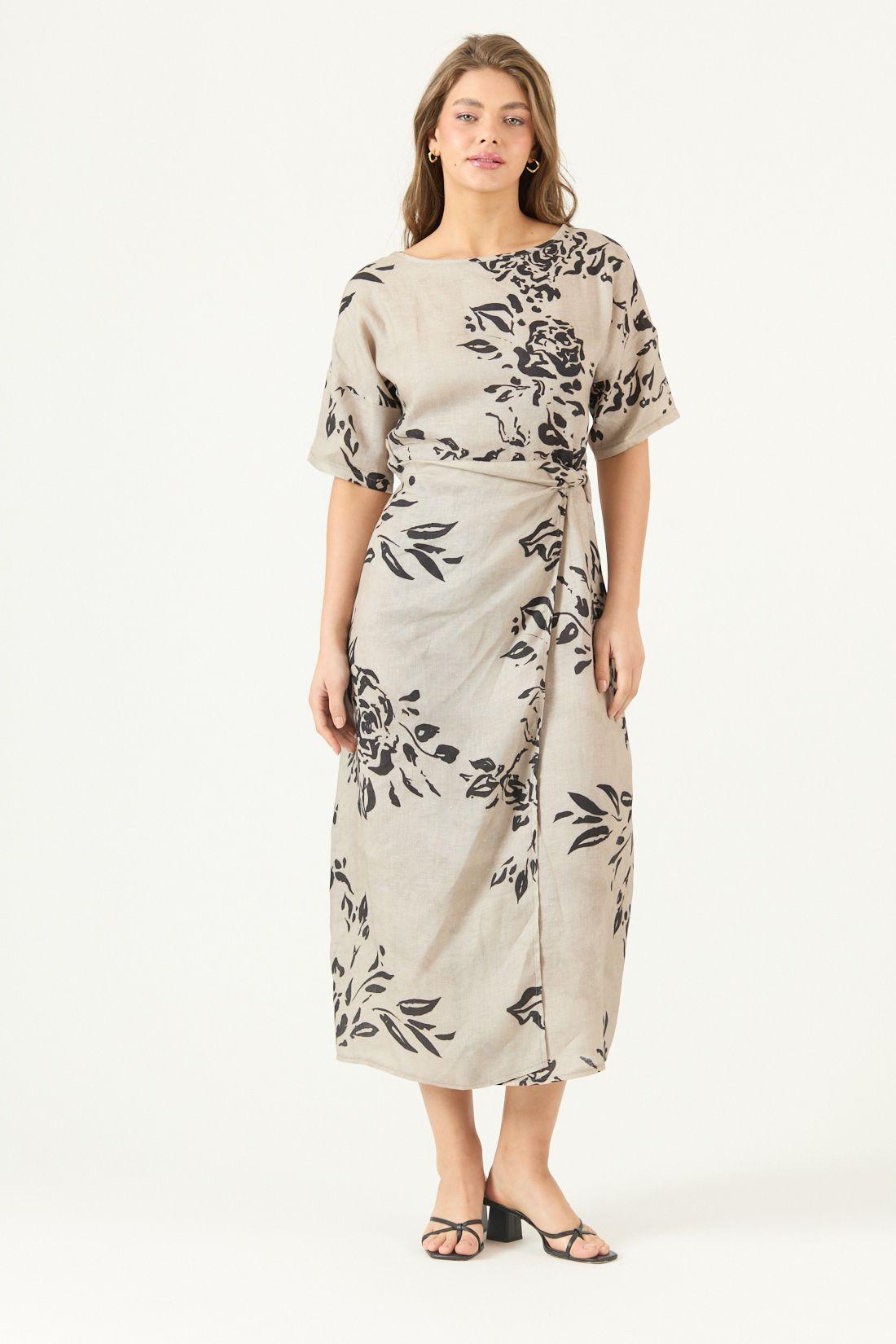 Vestido De Lino Estampado Taupe Cod 4005505-2