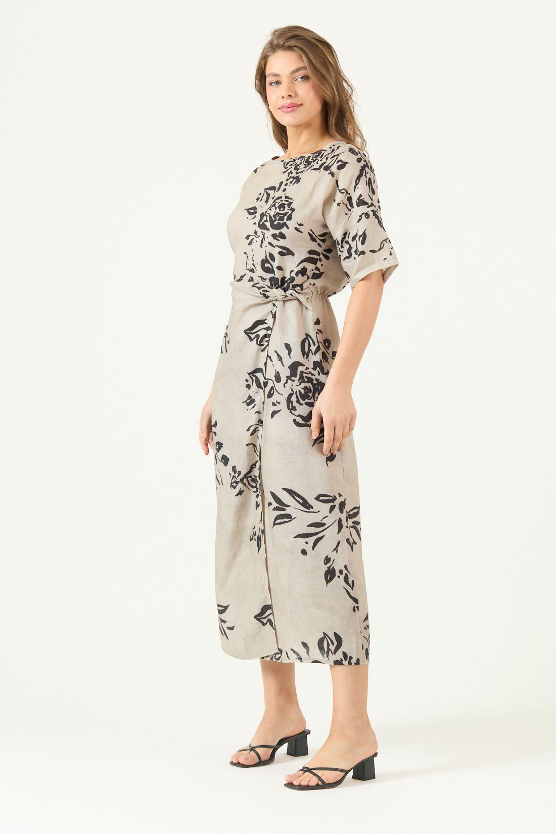 Vestido De Lino Estampado Taupe Cod 4005505-3