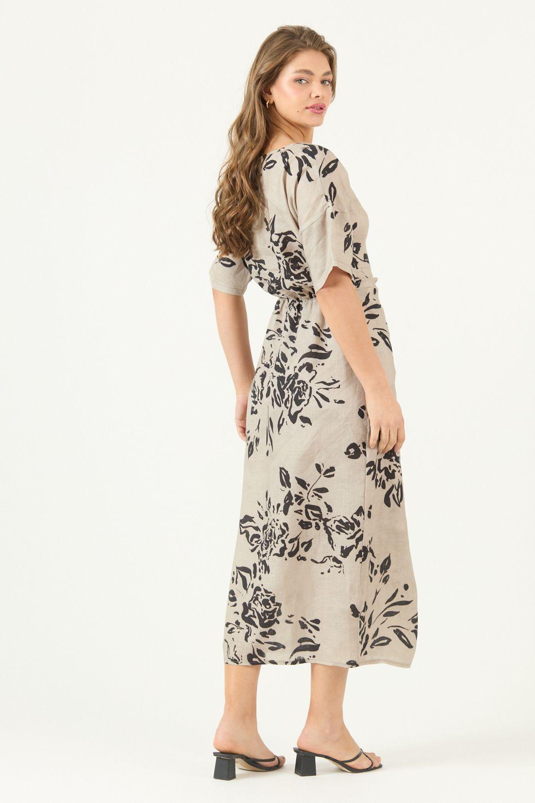 Vestido De Lino Estampado Taupe Cod 4005505-4