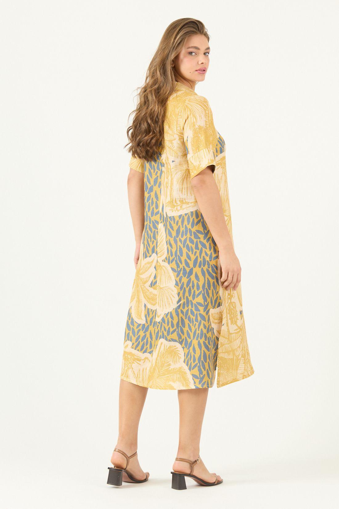 Vestido De Lino Estampado Mostaza Cod 4005495-2