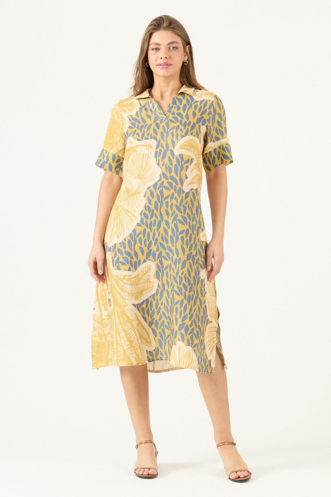 Vestido De Lino Estampado Mostaza Cod 4005495-3