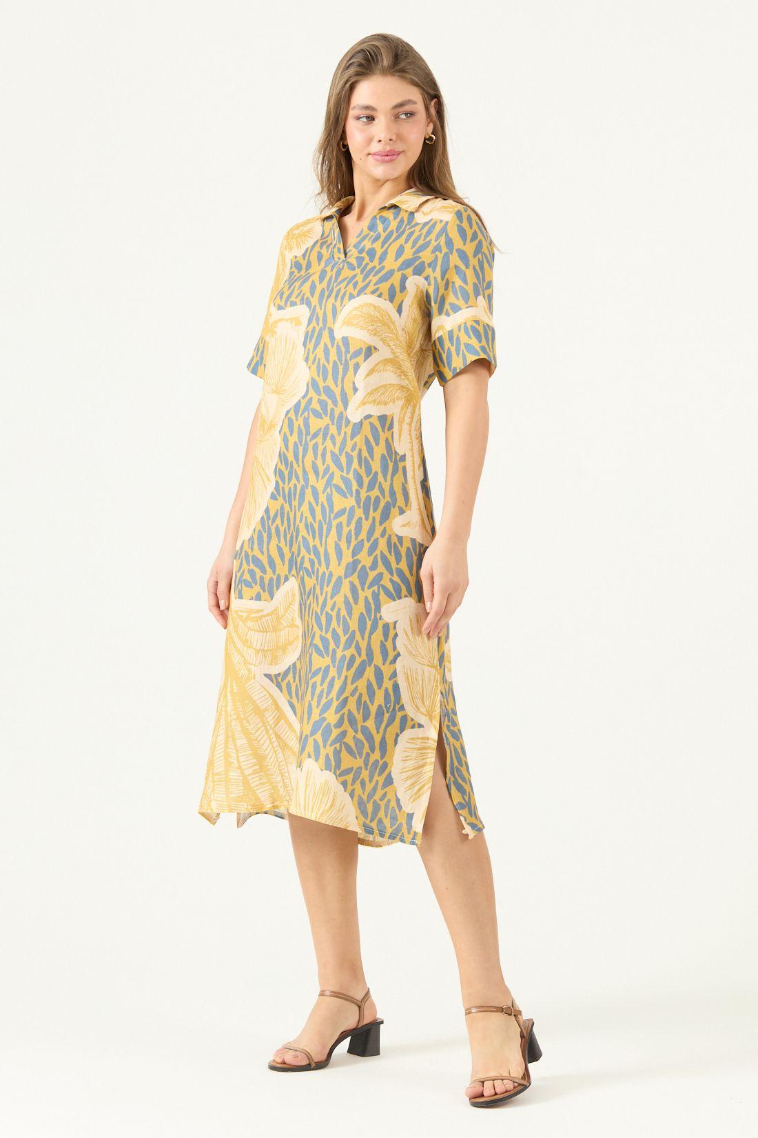 Vestido De Lino Estampado Mostaza Cod 4005495-4