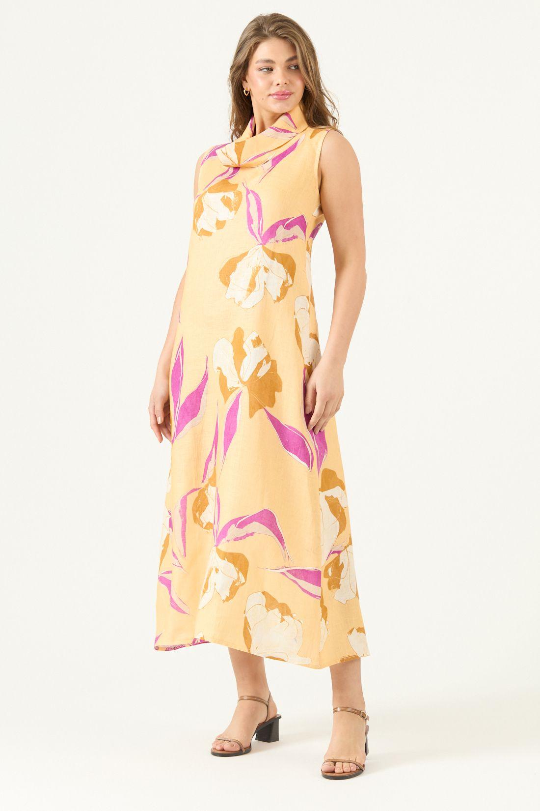 Vestido De Lino Estampado Naranjo Cod 4005545-3