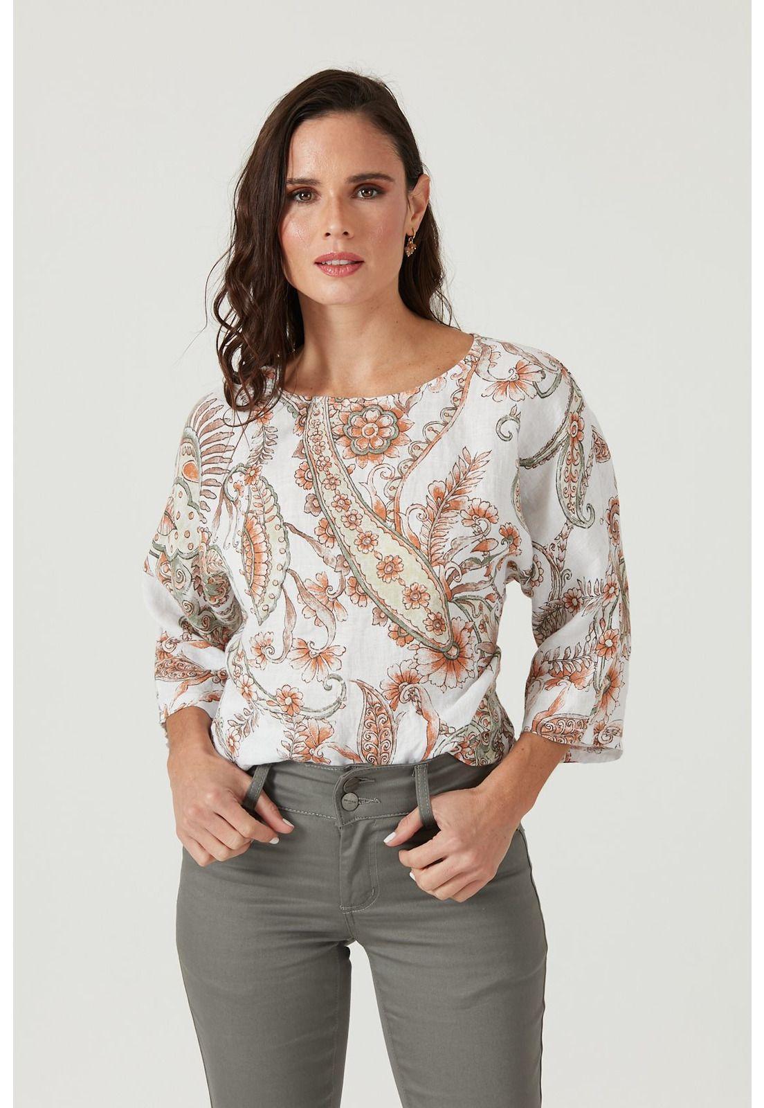 Blusa de lino blanca estampada-0