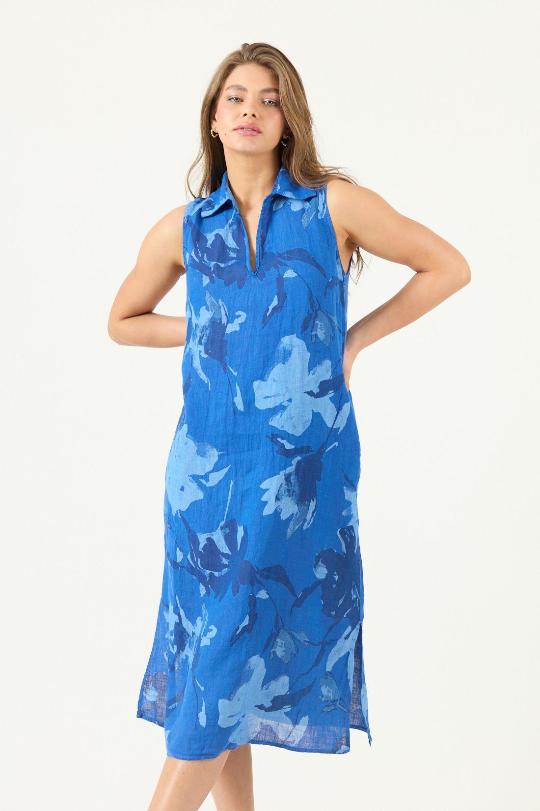 Vestido De Lino Estampado Azulino Cod 4005815-0