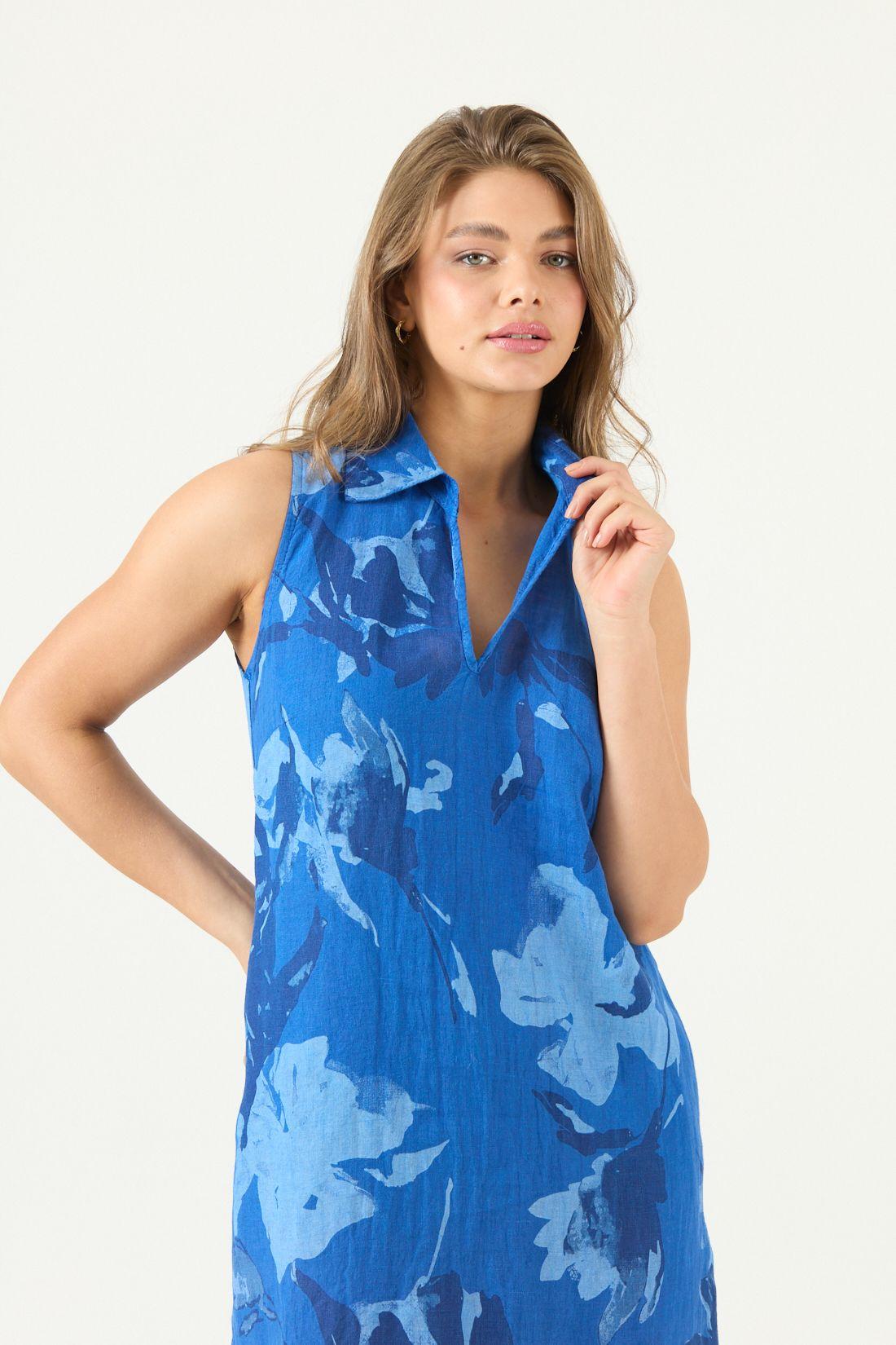Vestido De Lino Estampado Azulino Cod 4005815-1