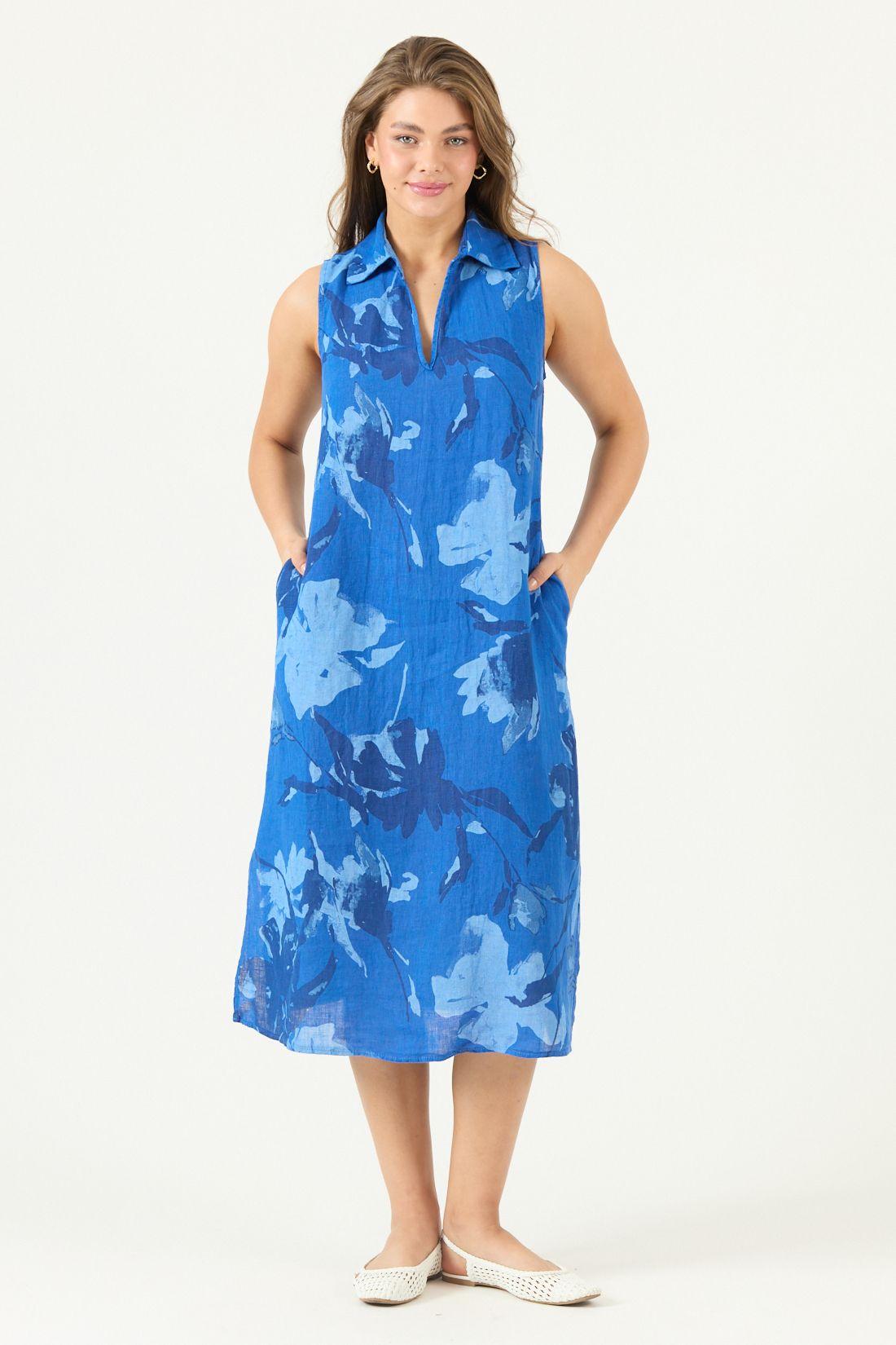 Vestido De Lino Estampado Azulino Cod 4005815-2