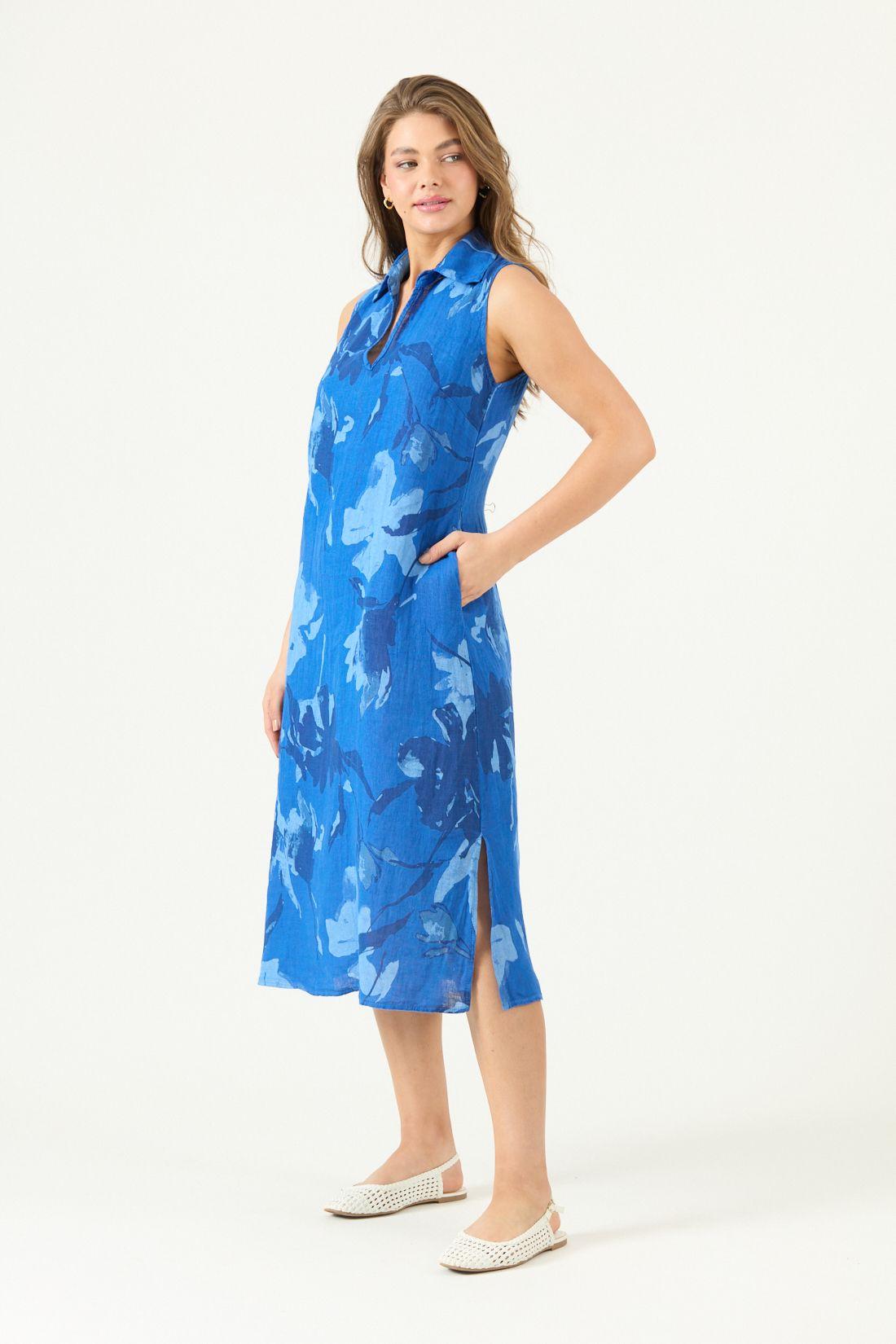 Vestido De Lino Estampado Azulino Cod 4005815-3