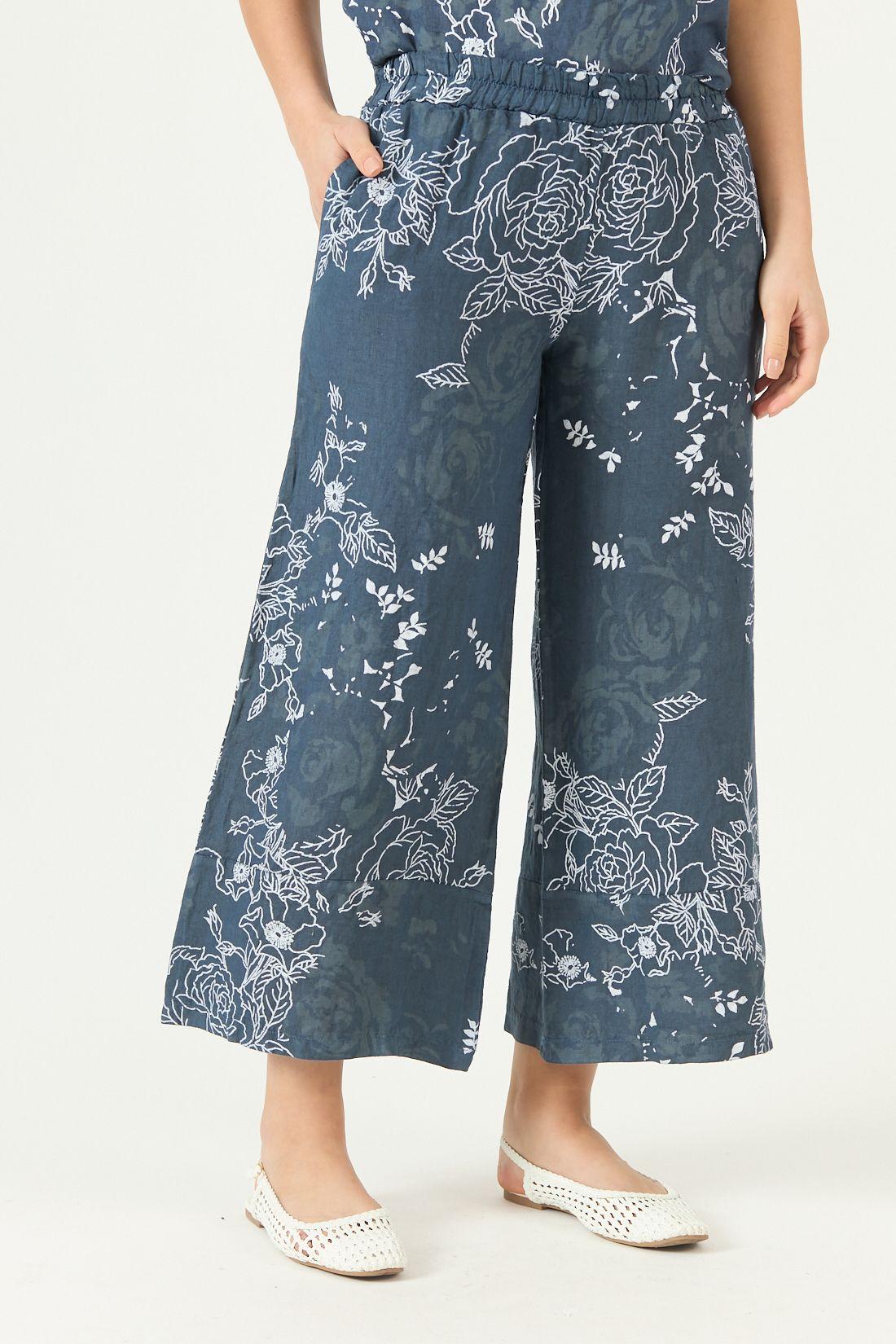 Pantalon De Lino Straight Estampado Azul Marino Cod 2013865-2