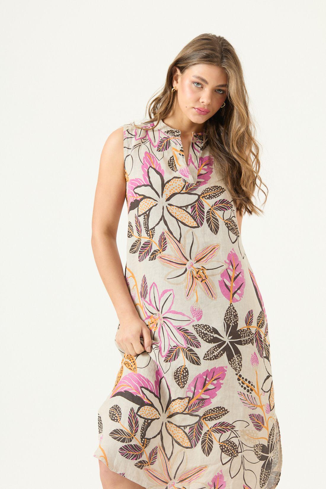 Vestido De Lino Estampado Fucsia Cod 4005765-0