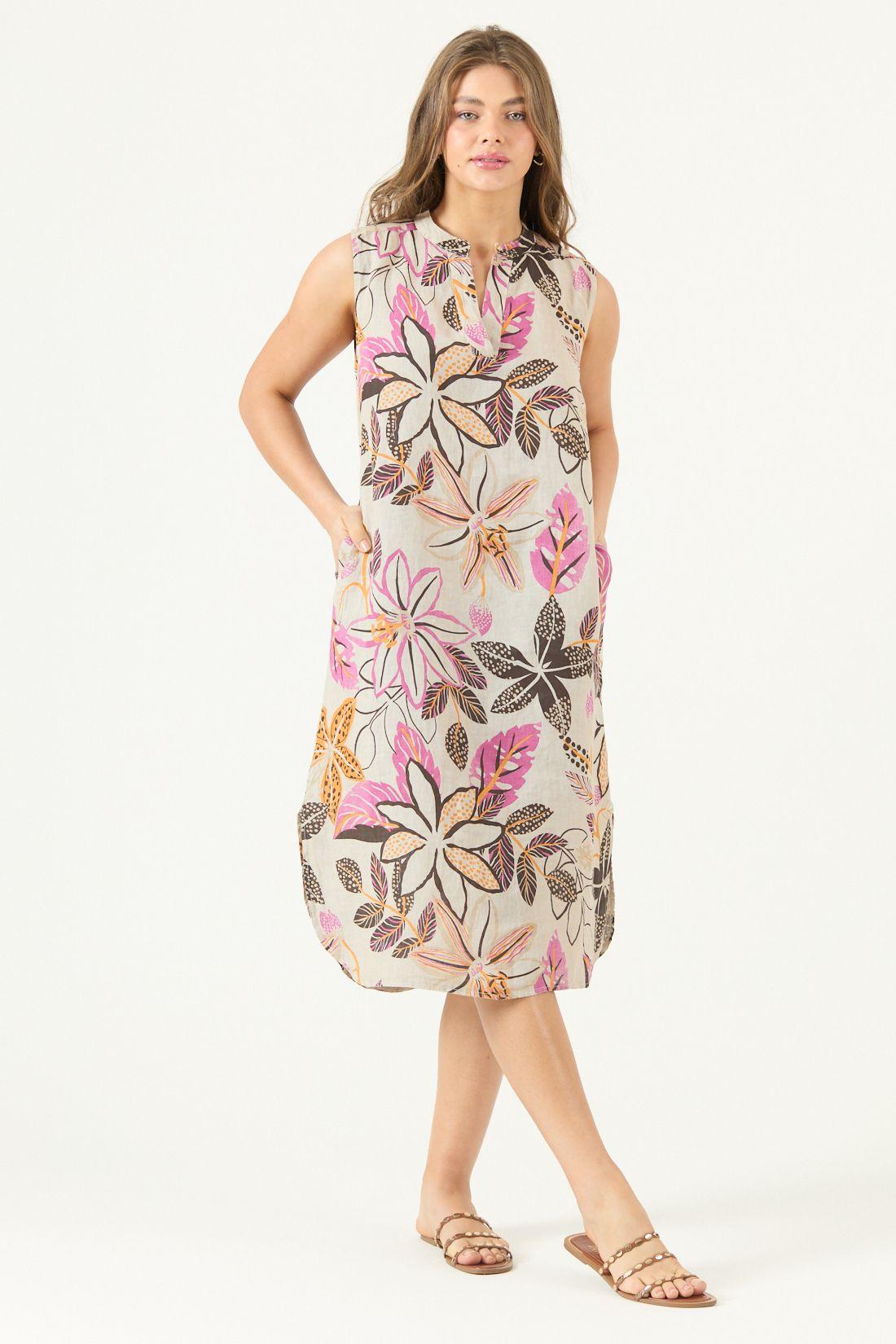 Vestido De Lino Estampado Fucsia Cod 4005765-2